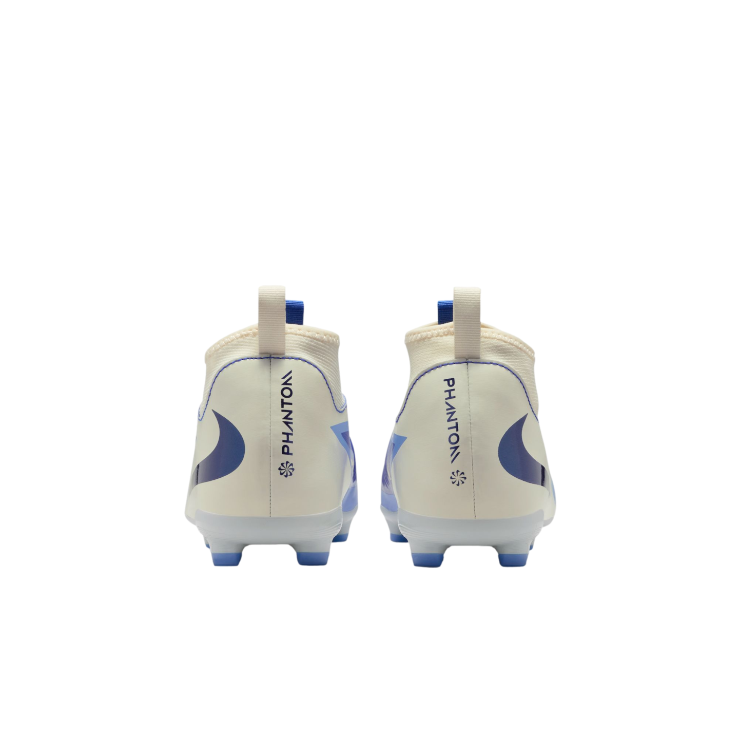 Rear view of a pair of off-white Nike Phantom soccer cleats with blue accents and studs, set against a solid black background.
