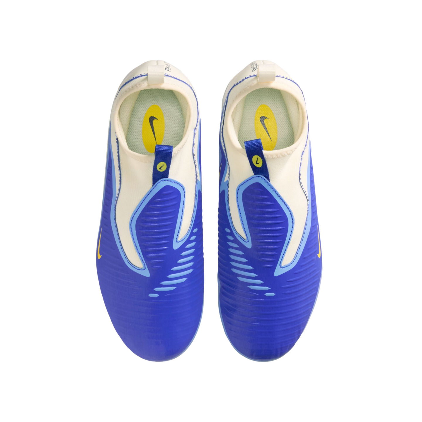 Top-down view of blue and white Nike slip-on shoes with yellow accents on a black background.