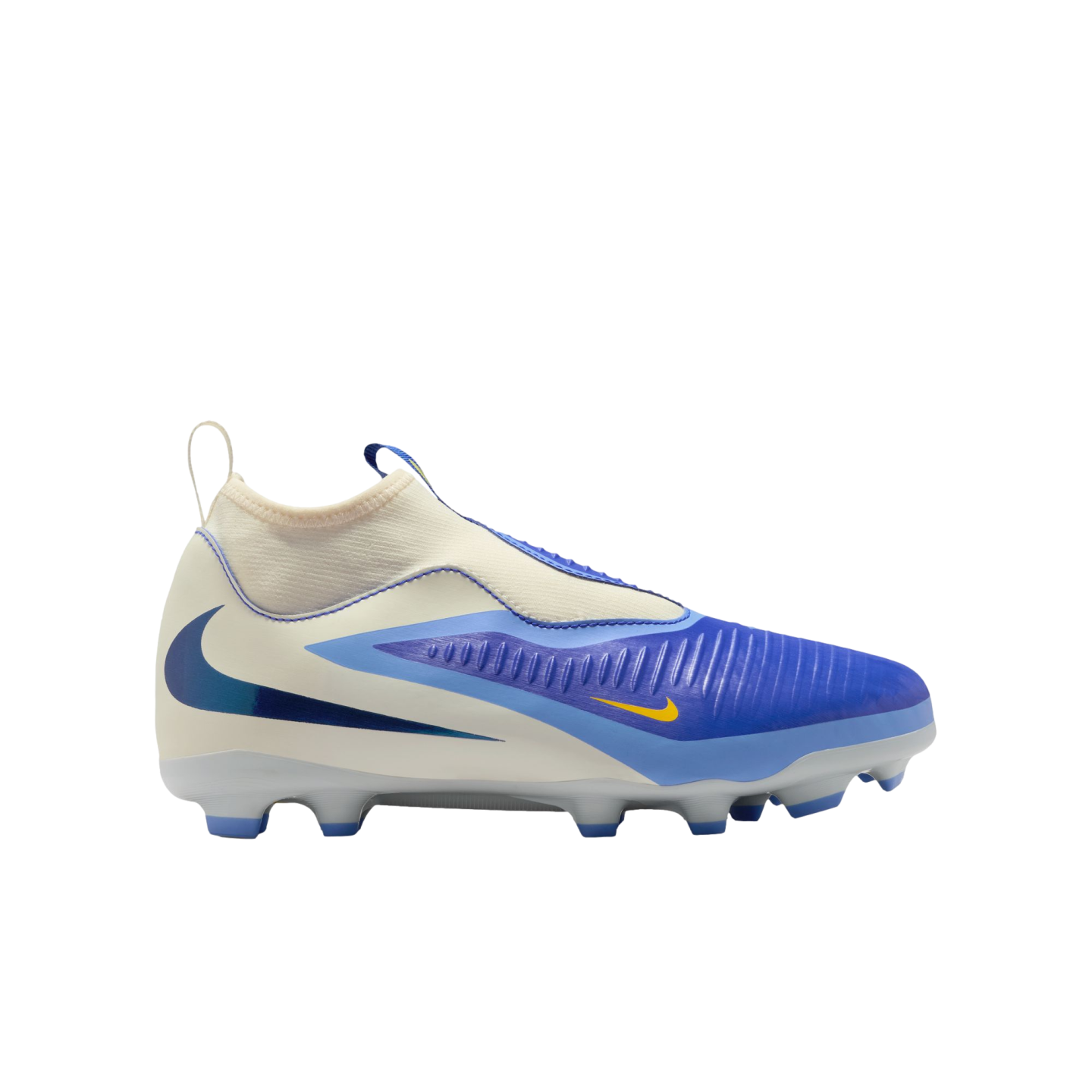 Side view of a blue and off-white Nike soccer cleat with a laceless design, textured upper, and signature swoosh logos.
