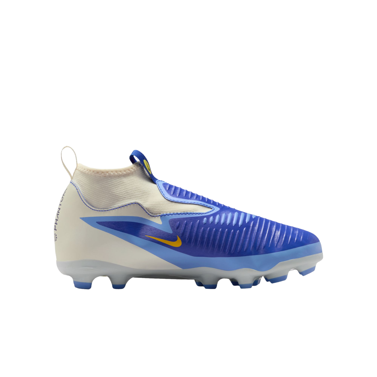 Side view of a blue and white laceless Nike Phantom soccer boot featuring a yellow swoosh on a black background.