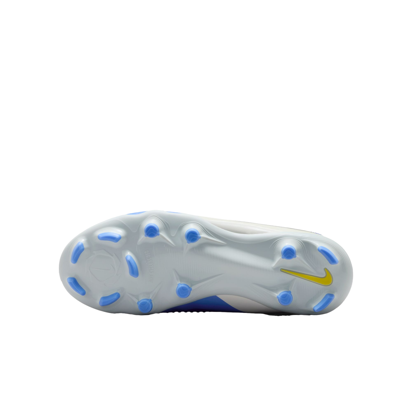 Bottom view of a white Nike soccer cleat with light blue studs and a yellow swoosh against a black background.