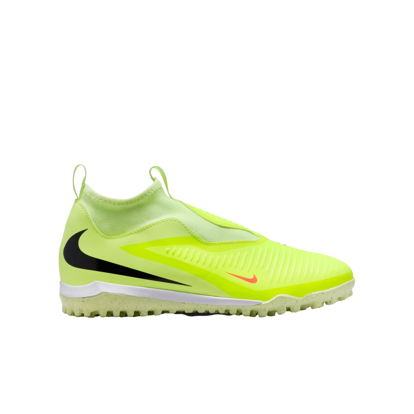 A bright neon yellow laceless Nike turf soccer shoe featuring a large black swoosh on the side and a textured rubber outsole.