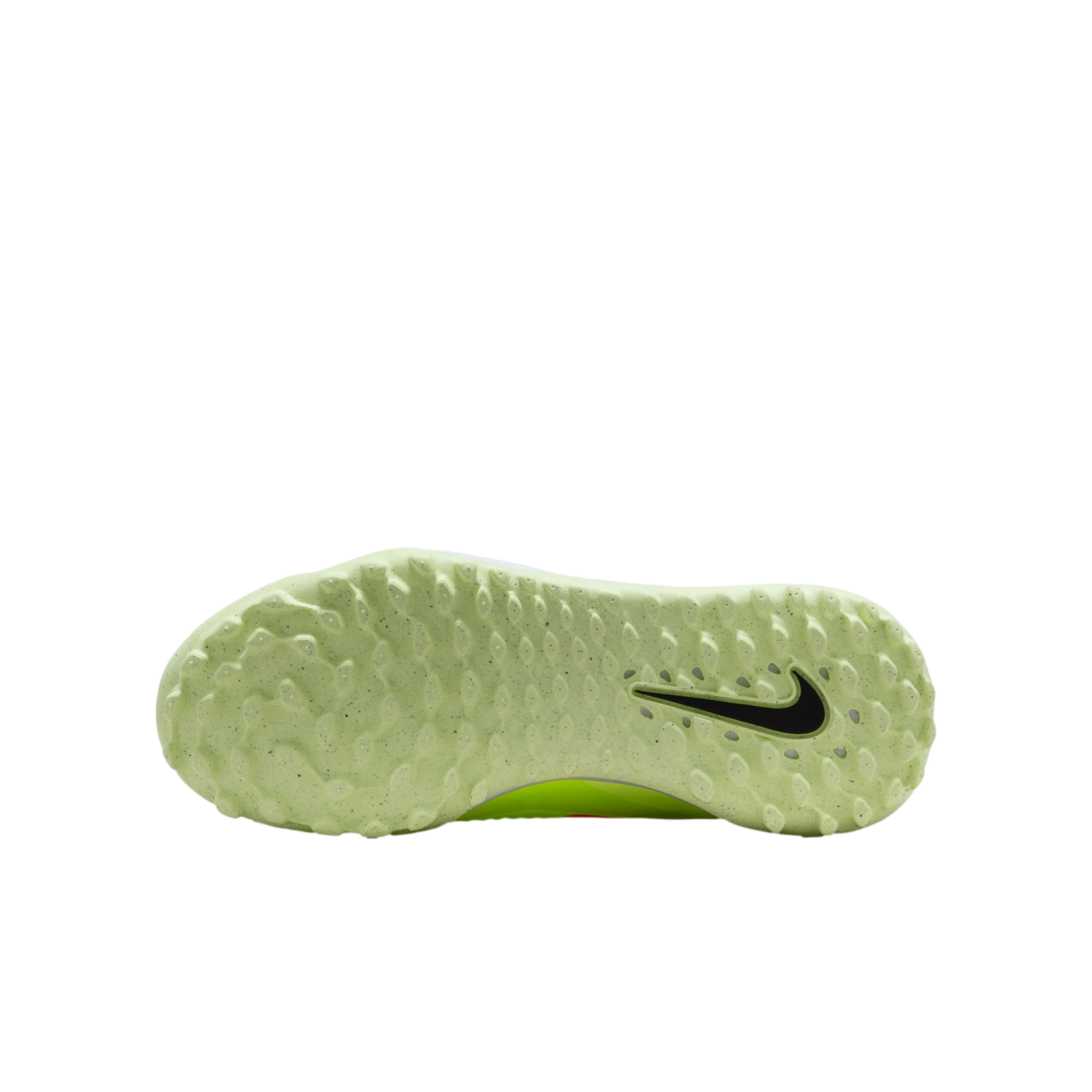 Bottom view of a light green Nike turf soccer shoe outsole with a black swoosh logo and textured traction nubs, isolated on a black background.