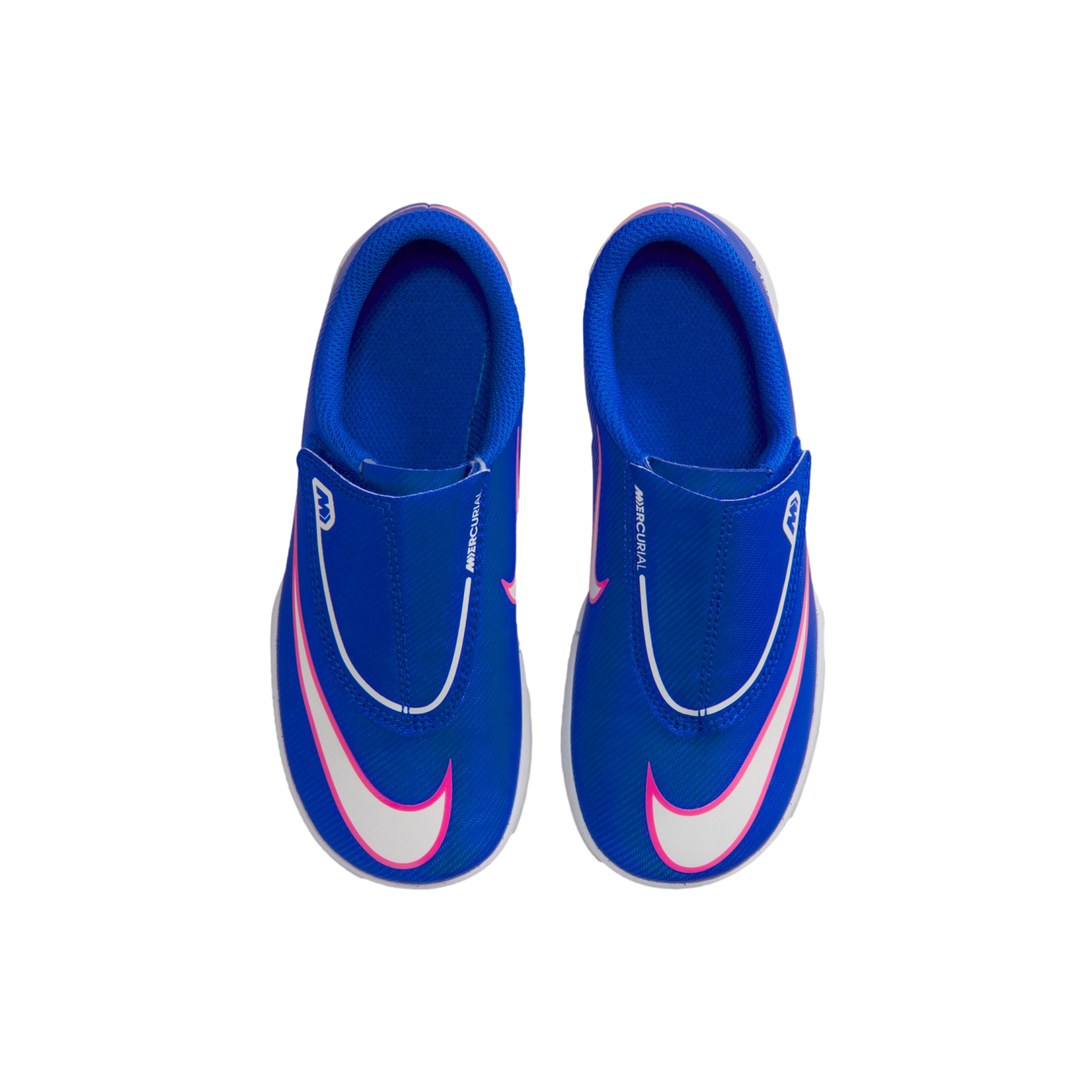 Top-down view of blue kids' Nike Mercurial soccer shoes on a black background. The shoes feature white swooshes with pink outlines and a laceless design.
