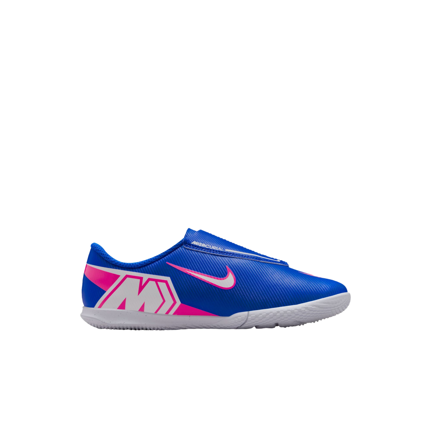 A profile view of a blue Nike Mercurial indoor soccer shoe with pink and white branding and a white flat sole, isolated on a black background.