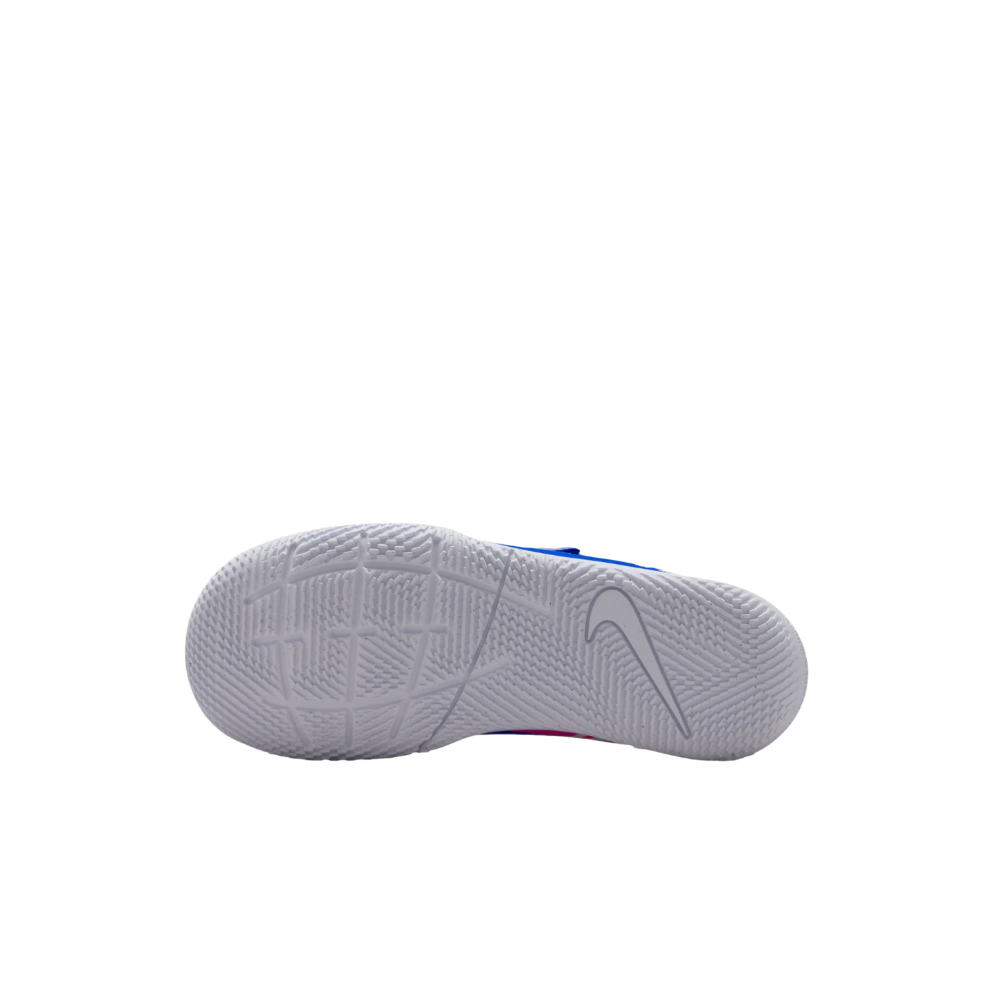 The white outsole of a Nike shoe with a detailed traction pattern and a Swoosh logo is shown against a solid black background, with bits of blue and pink visible on the upper.