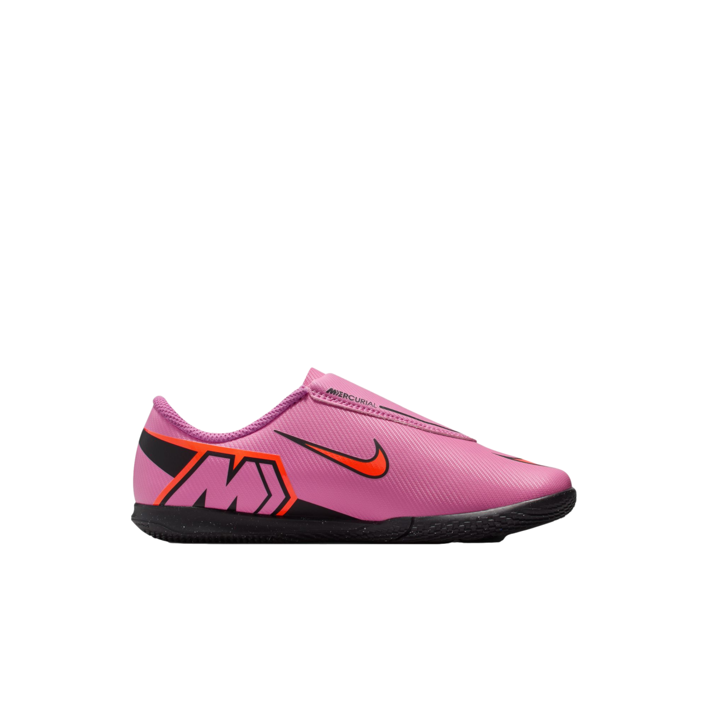 Pink Nike Mercurial indoor soccer shoe with an orange swoosh and black sole, shown in profile against a black background.