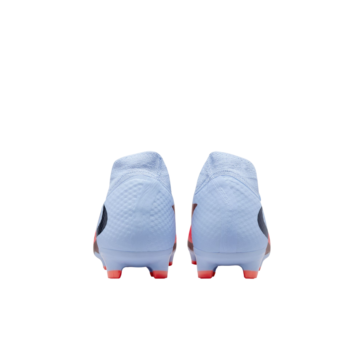 Rear view of a pair of light blue soccer cleats with orange studs, isolated on a black background.