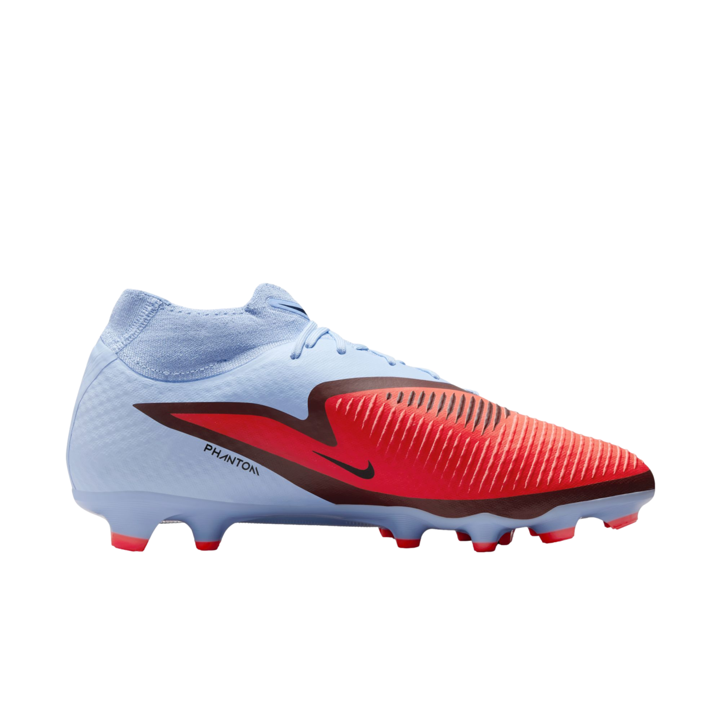 A light blue and vibrant red Nike Phantom soccer cleat with a textured forefoot and "PHANTOM" branding on the side.
