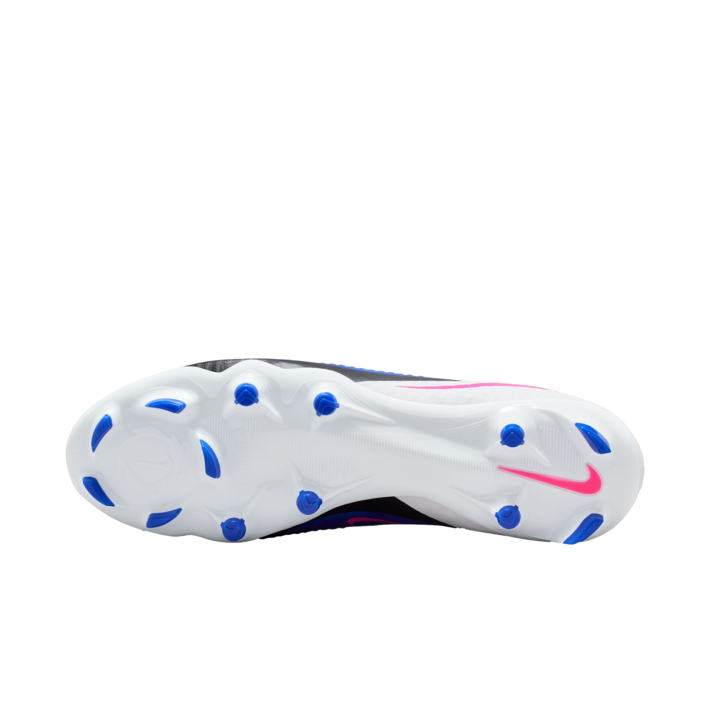 Underside view of a white Nike soccer cleat featuring blue studs and a pink swoosh logo against a solid black background.