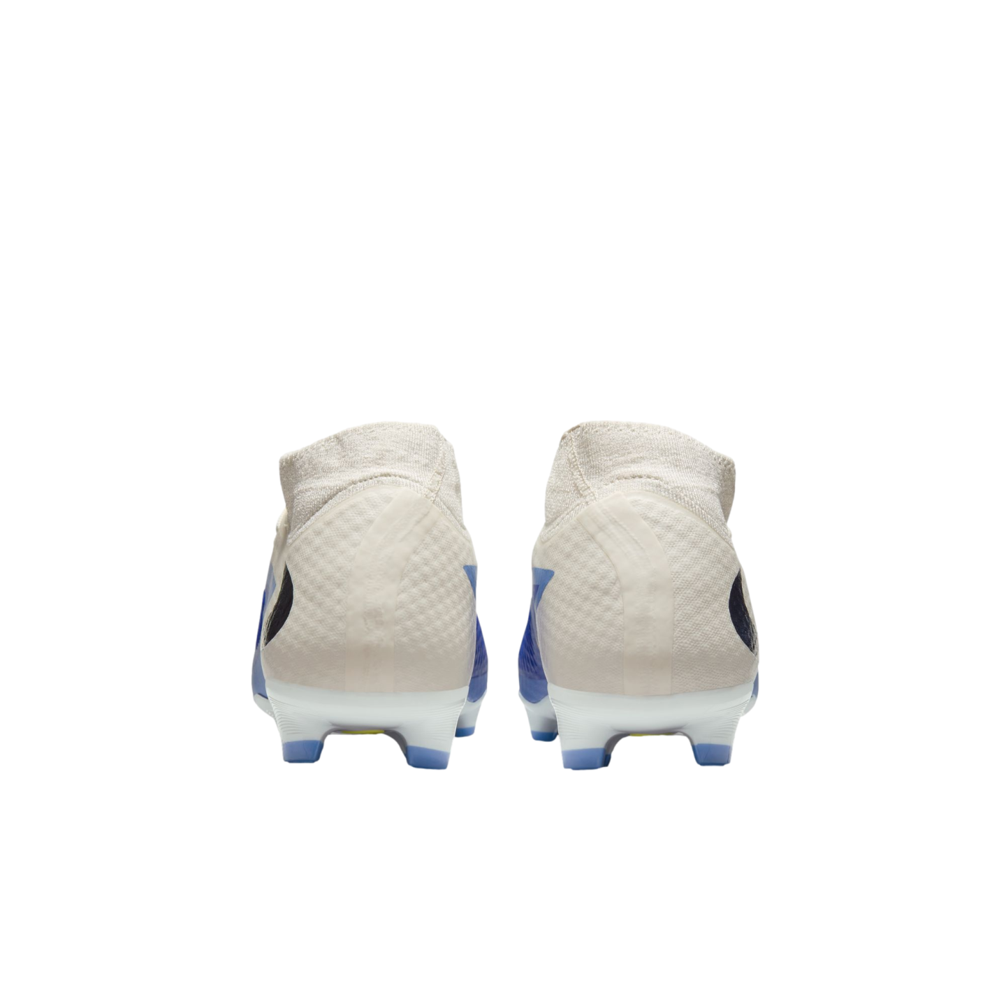 Rear view of a pair of white and blue soccer cleats with a high-top, sock-like collar, set against a solid black background.