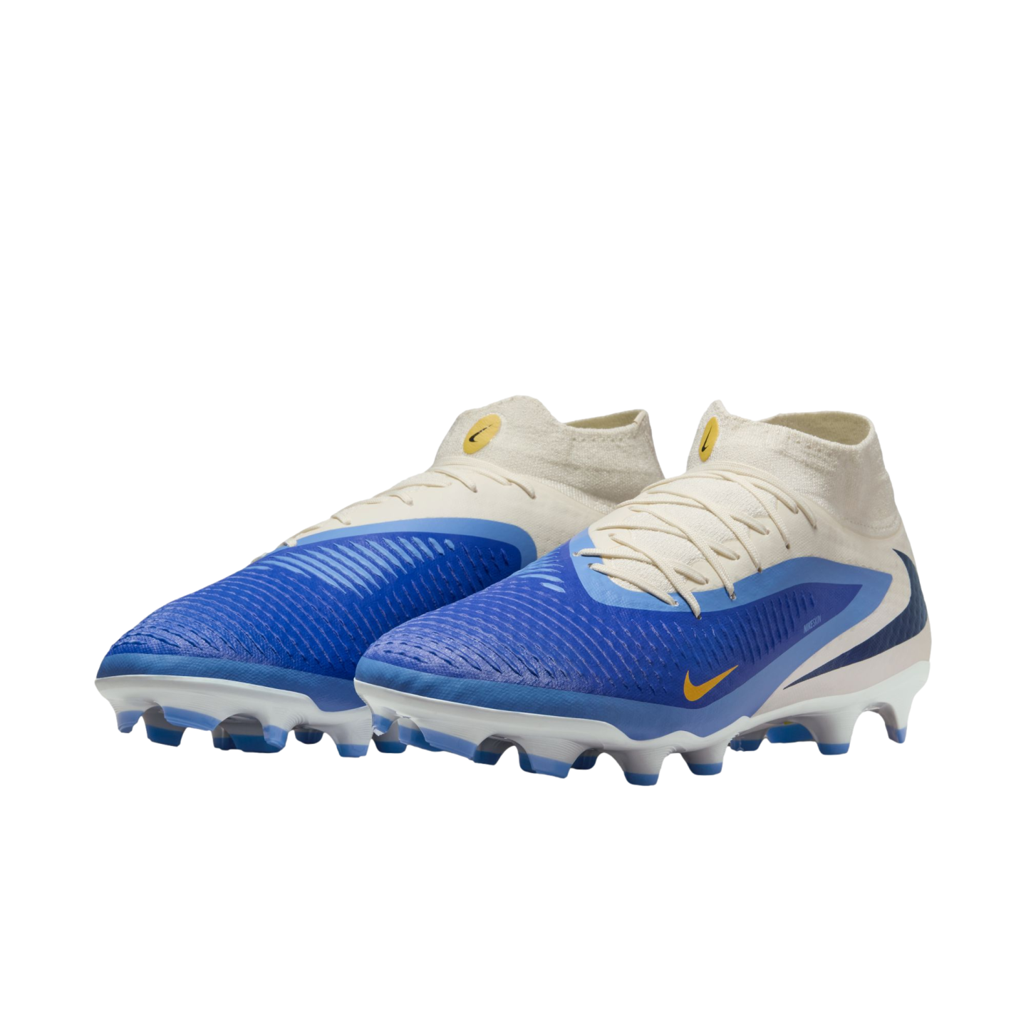 Blue and cream Nike soccer cleats with a high-top collar and yellow accents, featuring a textured blue forefoot and studs on a black background.