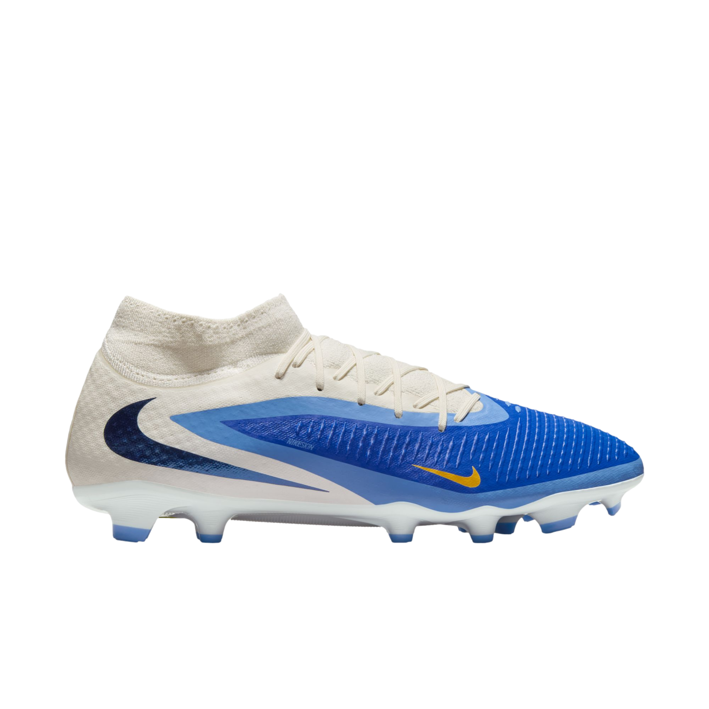Side view of a Nike soccer cleat featuring a white textured upper, blue accents, a small yellow swoosh, and a white and blue soleplate.