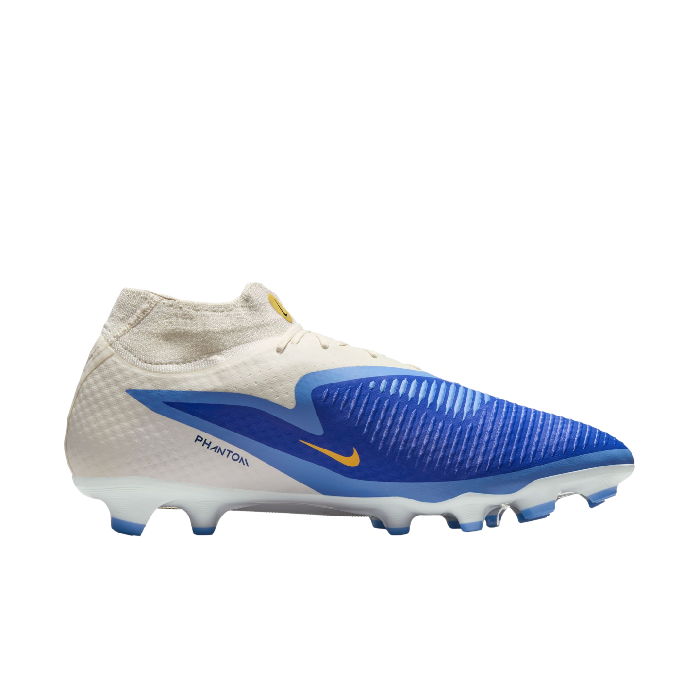 A side view of a Nike Phantom soccer cleat with an off-white heel, vibrant blue forefoot, and a small yellow swoosh, set against a black background.