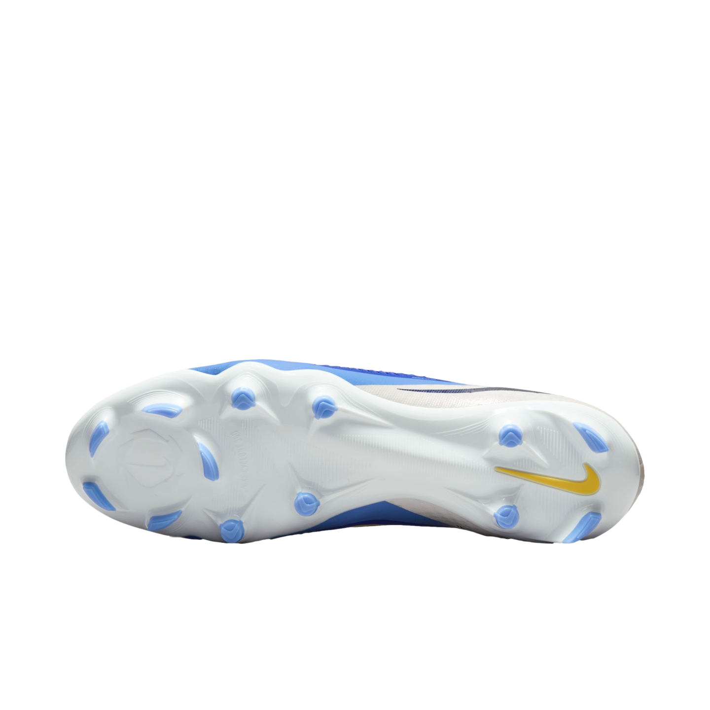 Soleplate view of a white Nike soccer cleat with blue studs and a yellow Nike swoosh on the heel, isolated on a black background.