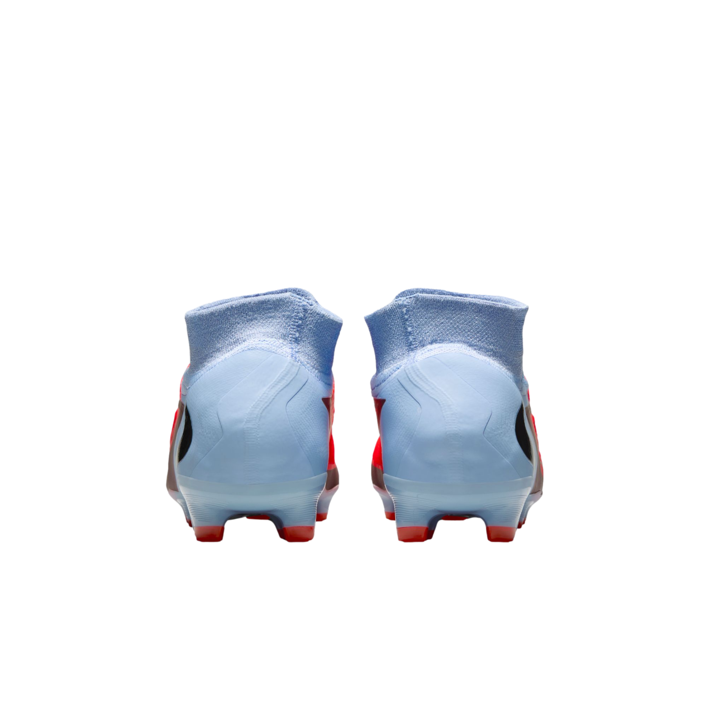 Rear view of light blue soccer cleats with high-top collars and red accents against a solid black background.