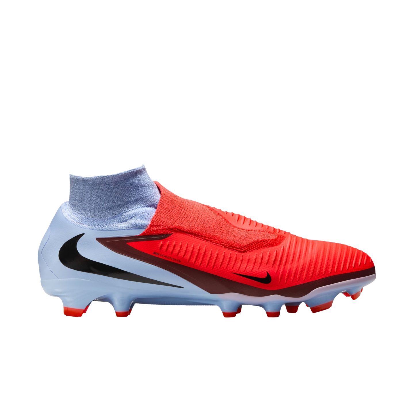 Nike Phantom Venom soccer cleat with a red textured upper, light blue heel, and a high-top sock collar.