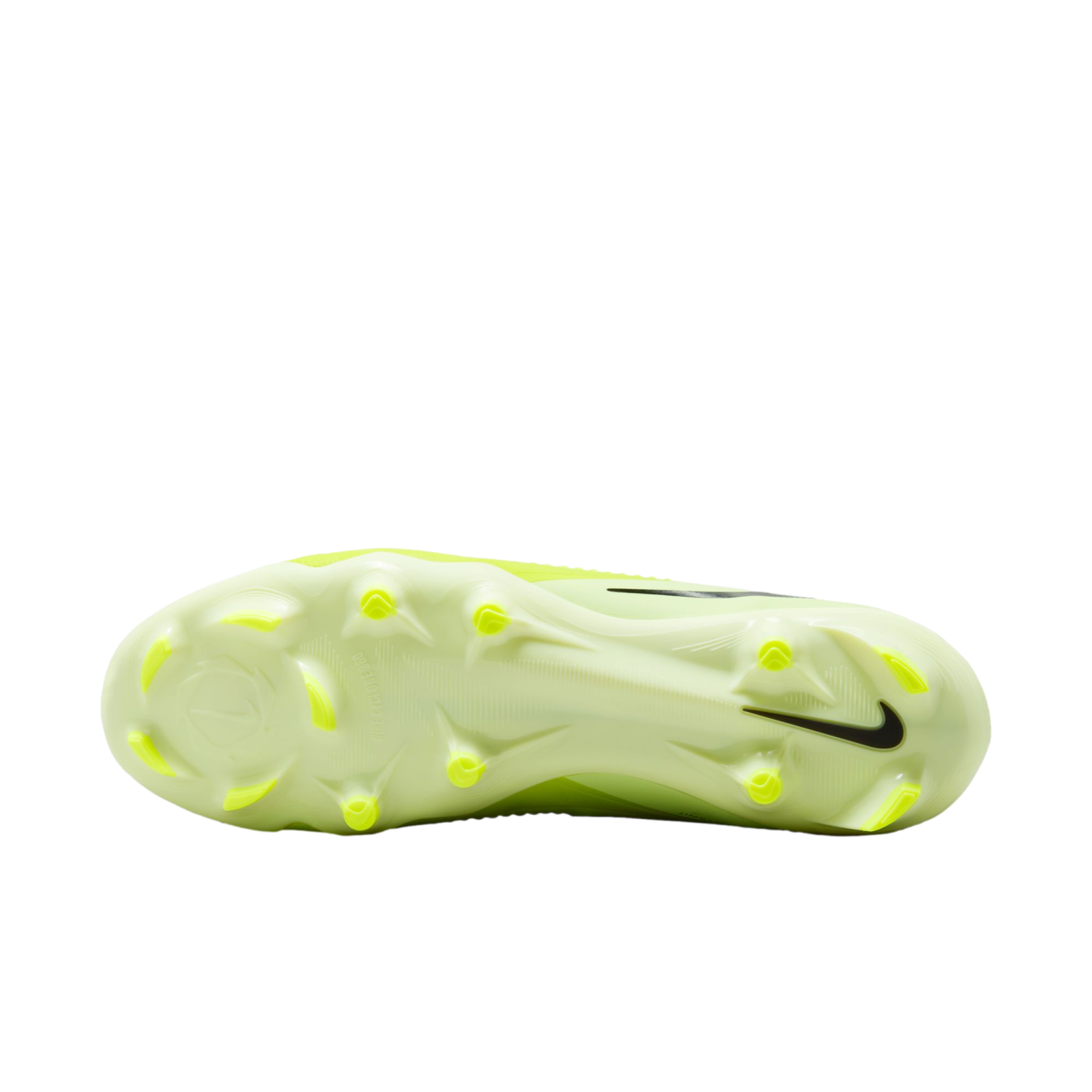 Bottom view of a neon yellow Nike soccer cleat showing the stud configuration and a black swoosh on the heel.