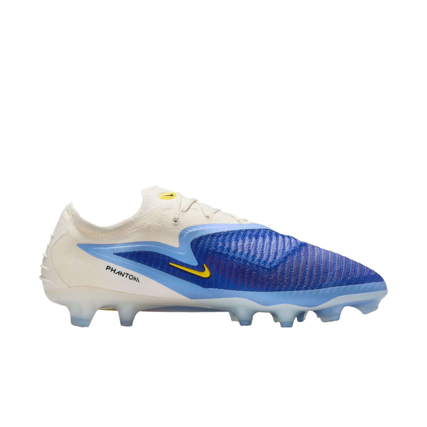 Side view of a Nike Phantom soccer boot with a cream heel, blue textured forefoot, and yellow accents against a plain white background.