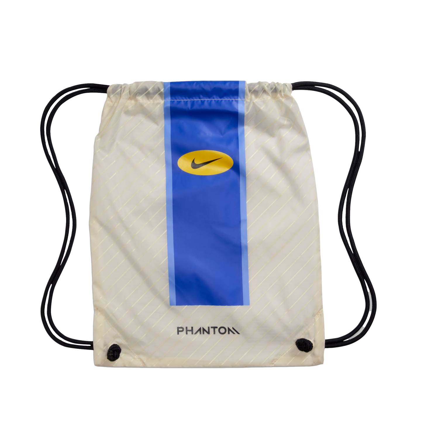 Off-white Nike Phantom drawstring bag featuring a central blue stripe with a yellow logo and "PHANTOM" text at the bottom.