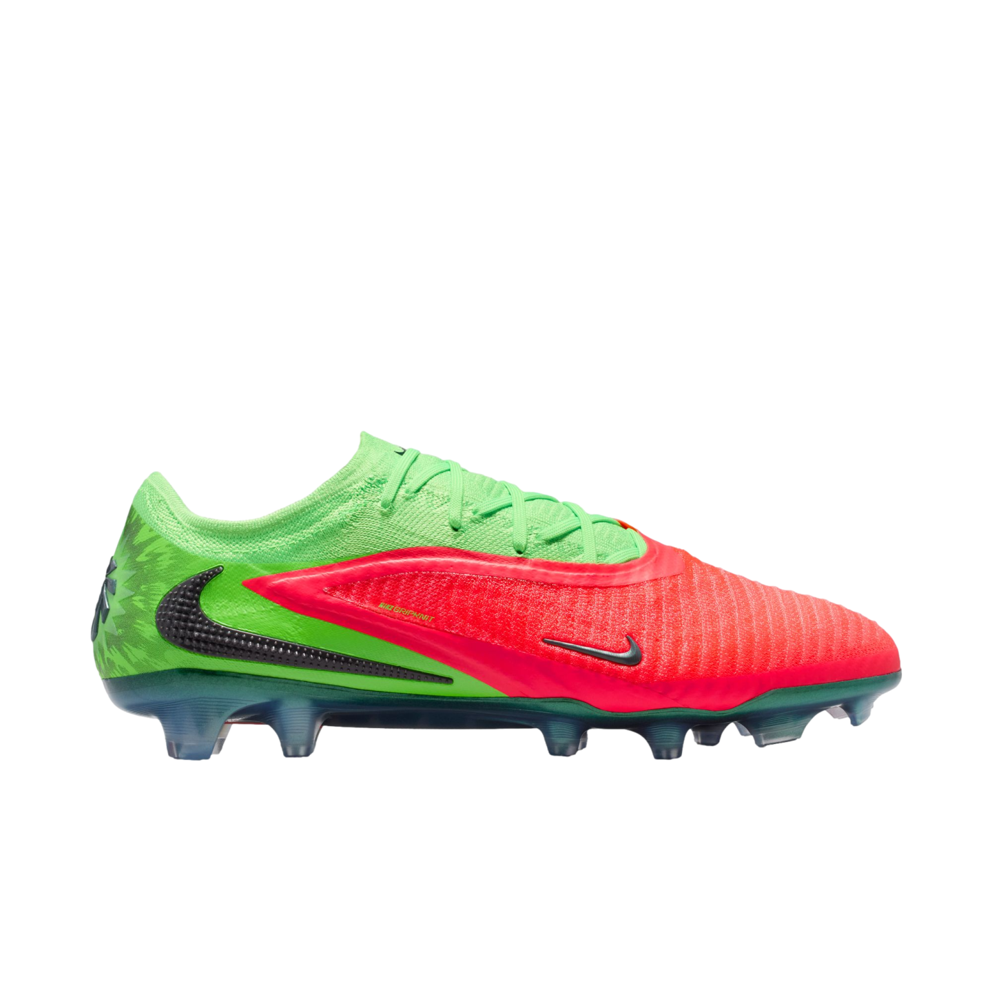 A Nike Phantom GX soccer cleat featuring a lime green upper, bright red-orange forefoot, and black Nike swooshes against a black background.