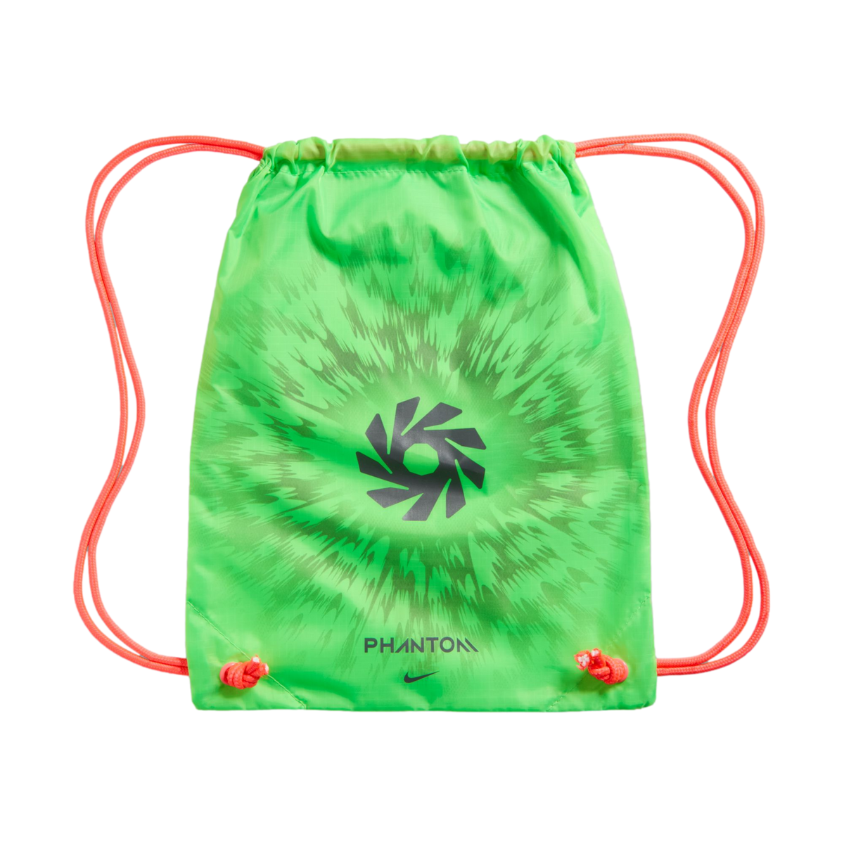 A neon green Nike drawstring gym bag with orange straps, featuring a dark circular graphic in the center and the word "PHANTOM" above a small Nike swoosh at the bottom.