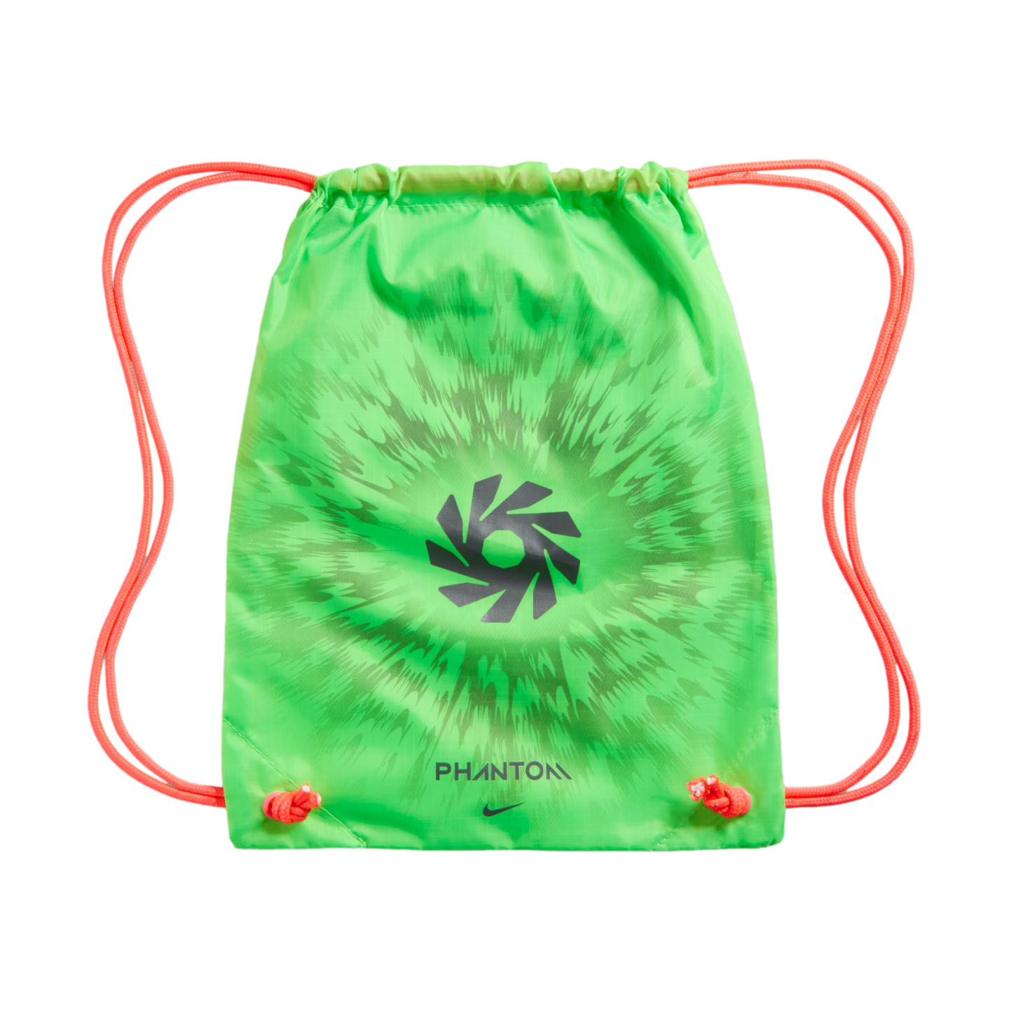 A neon green Nike drawstring gym bag with orange straps, featuring a dark circular graphic in the center and the word "PHANTOM" above a small Nike swoosh at the bottom.