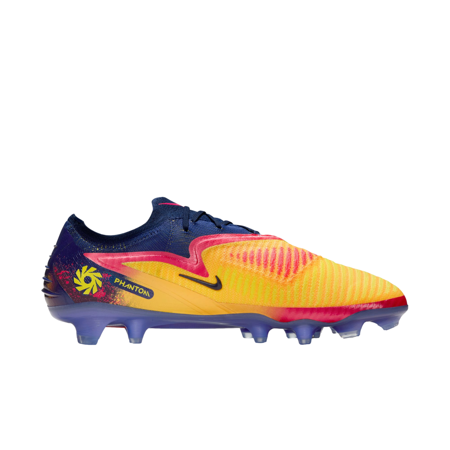 A Nike Phantom GX soccer cleat with a yellow and orange textured upper, pink accents, a navy blue collar, and purple studs against a black background.