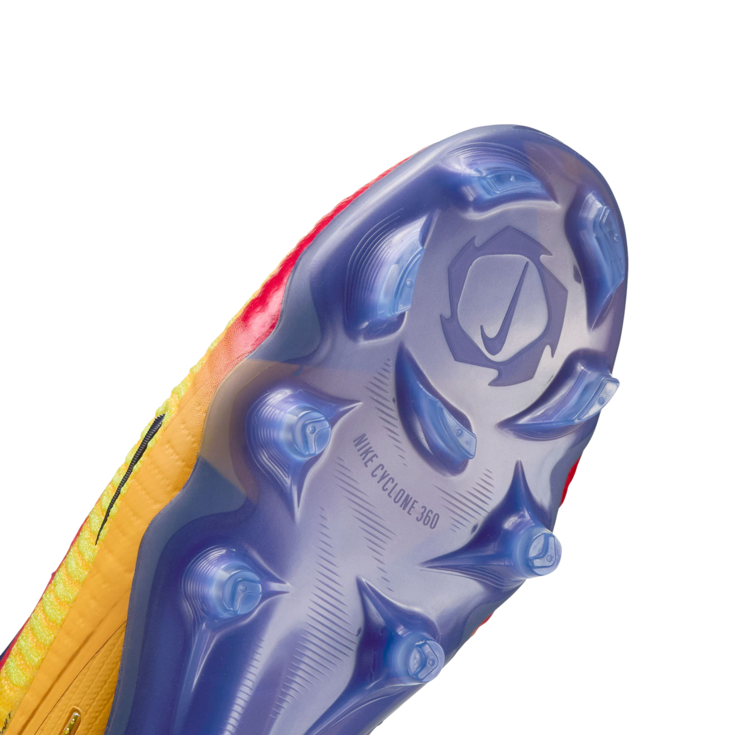 Close-up of a translucent blue Nike soccer cleat sole plate with clear studs and "NIKE CYCLONE 360" text against a black background.