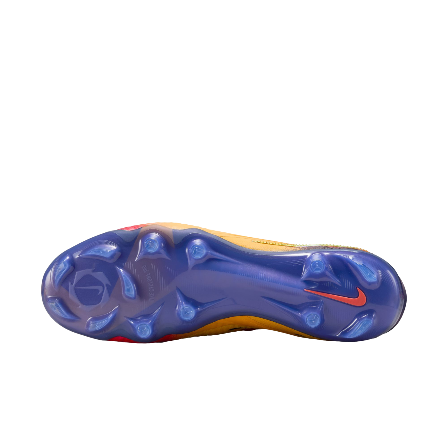 The bottom soleplate of a Nike soccer cleat with translucent blue studs and a red Swoosh logo, shown against a solid black background.