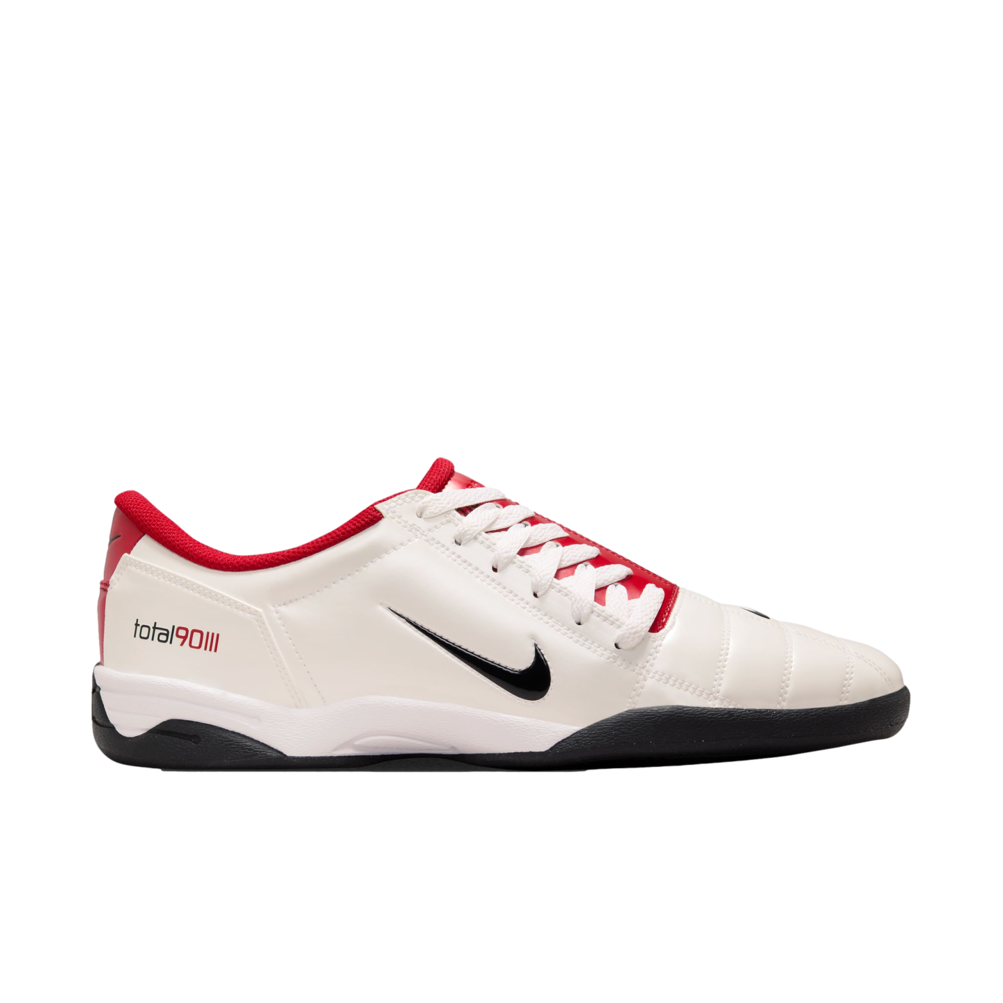 A side-view image shows a low-cut, white soccer shoe with a red collar and tongue, white laces, a black Nike swoosh, a black-and-white sole, and "total90III" written on the heel.