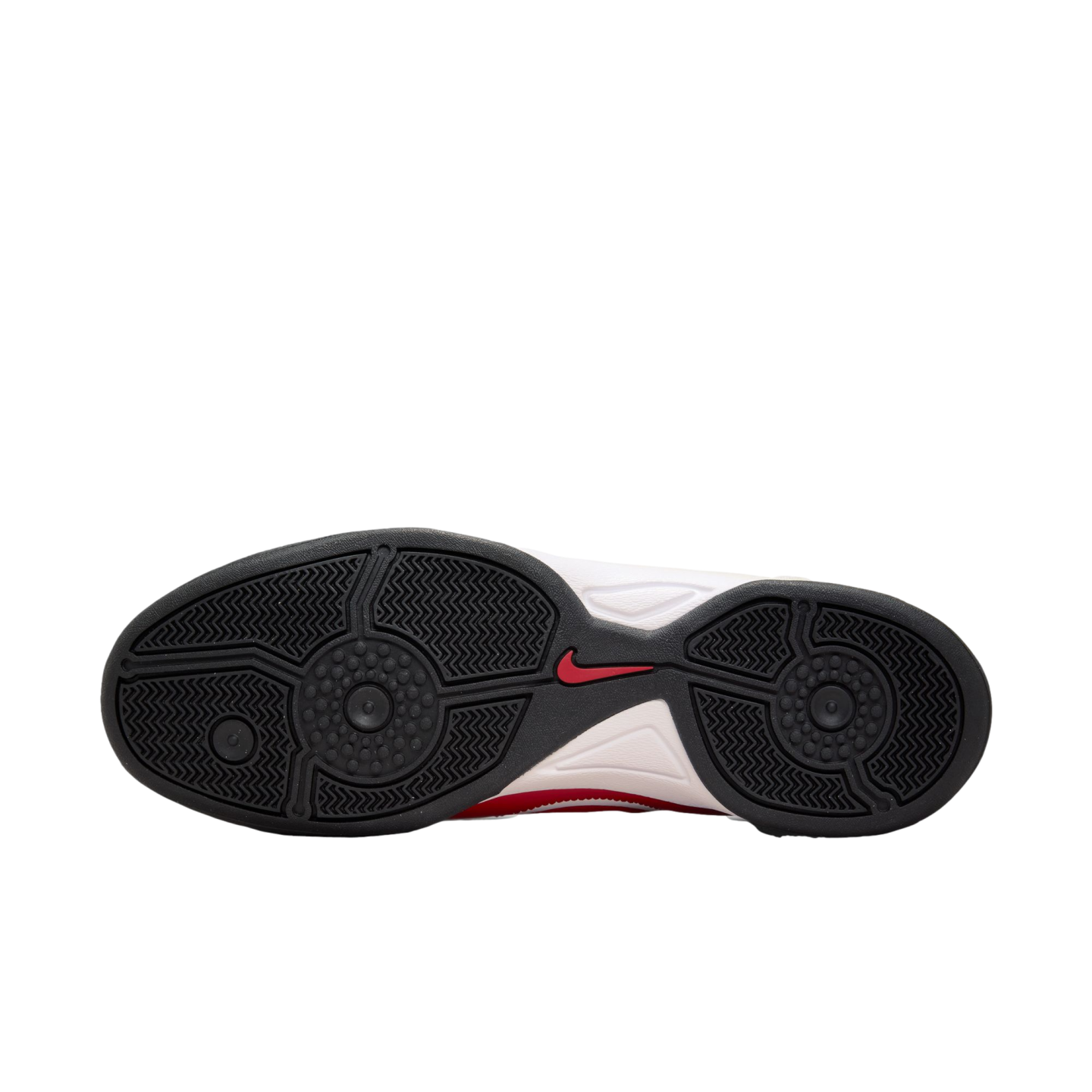 The bottom of a Nike sneaker featuring a textured black rubber outsole, a small red swoosh logo in the center, and a white and red midsole against a white background.