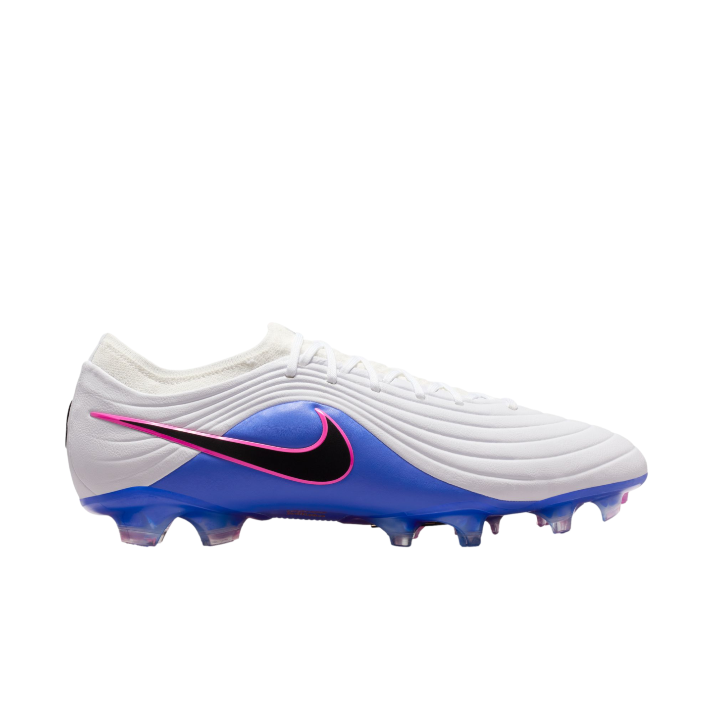 White and blue Nike soccer cleat with a black swoosh outlined in pink, featuring a textured upper and translucent sole, set against a black background.