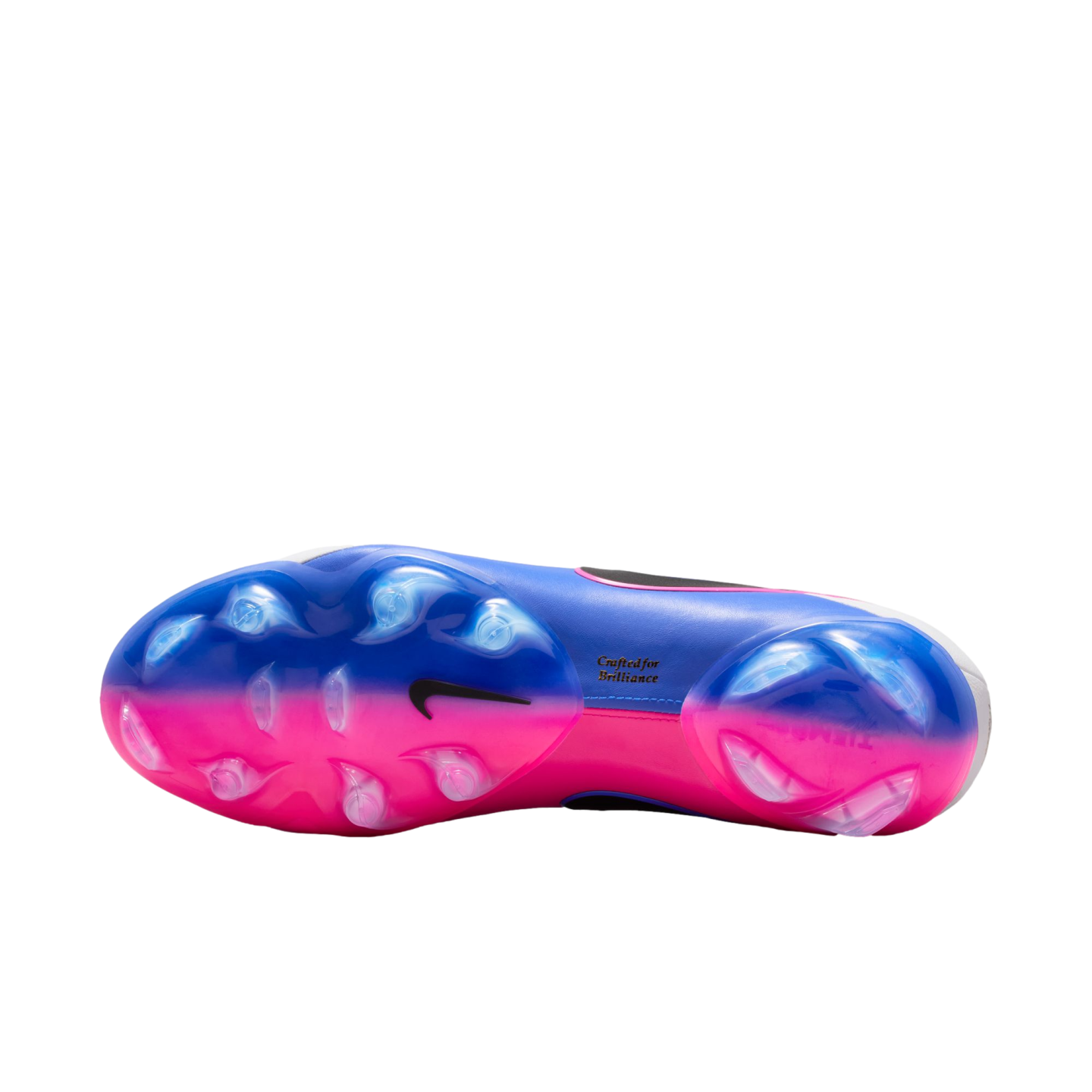 The soleplate of a Nike soccer cleat with a blue and pink gradient, translucent studs, and a small black Nike swoosh.
