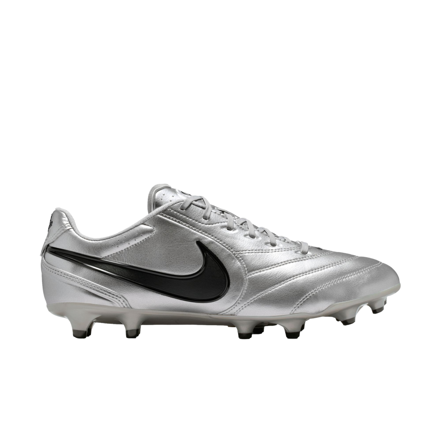 A side profile view of a metallic silver Nike soccer cleat with a black swoosh against a black background.
