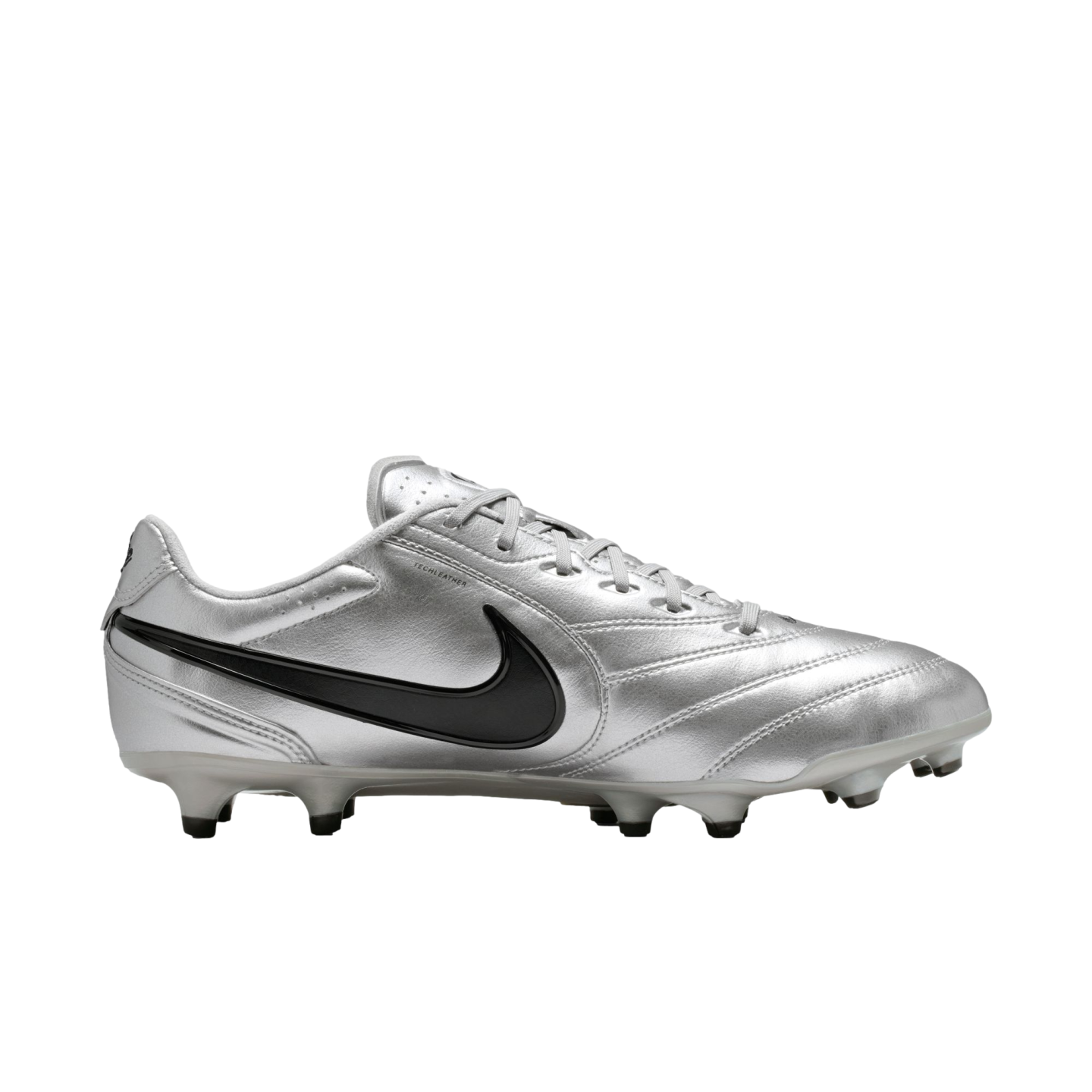 A metallic silver Nike soccer cleat with a black swoosh logo, shown in a side profile view against a black background.