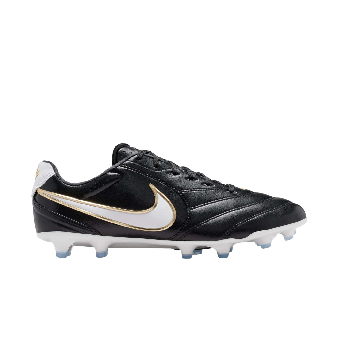Profile view of a black leather Nike soccer cleat with a white and gold swoosh, white sole plate, and light blue studs, isolated on a black background.