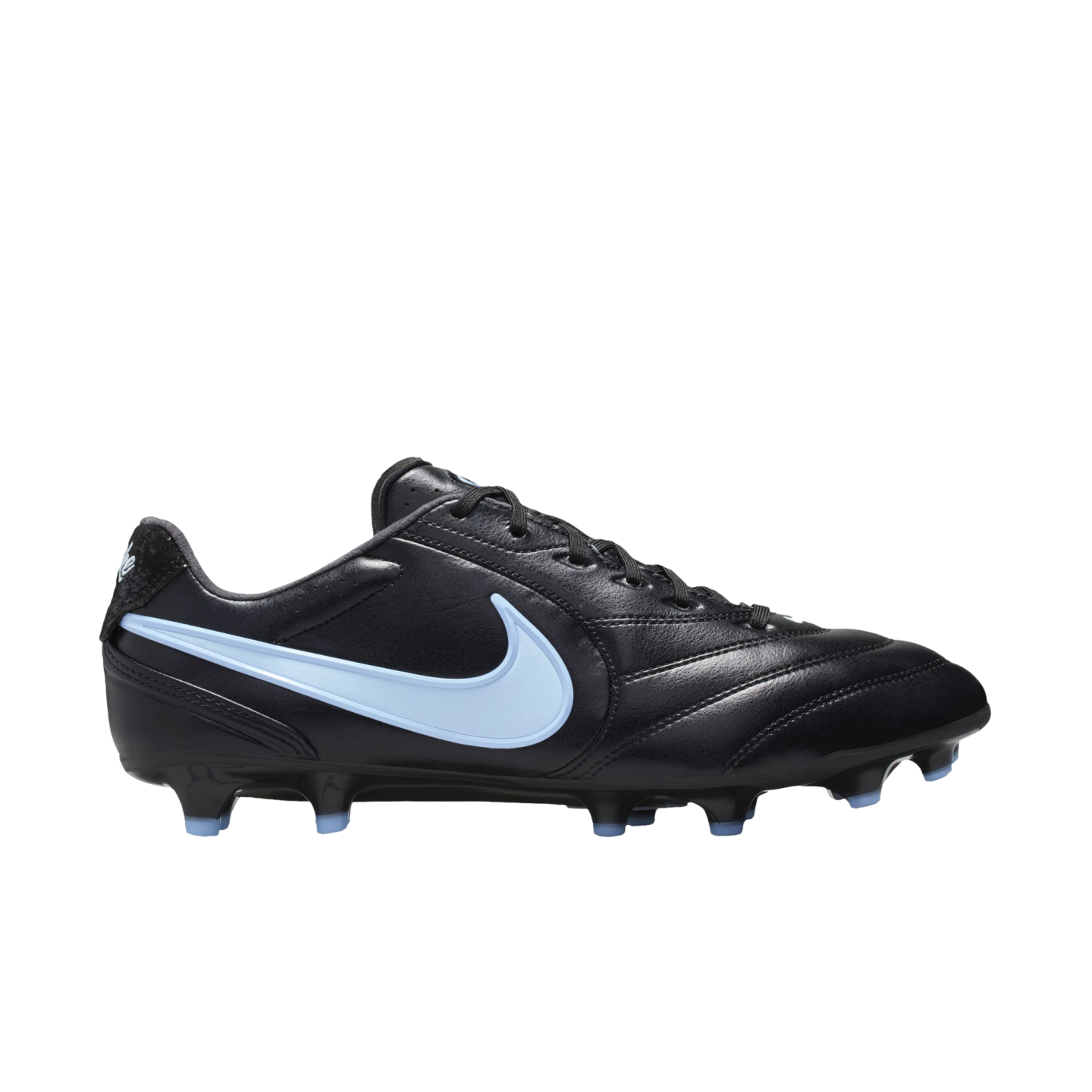 Black Nike soccer cleat featuring a light blue swoosh and matching studs, shown in profile against a black background.