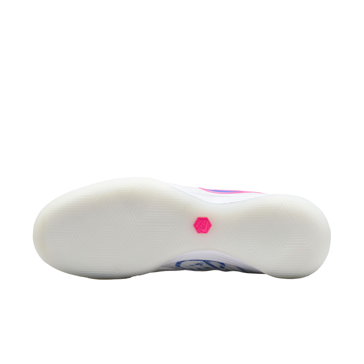 Bottom of a white Nike Futsal shoe with a geometric tread pattern and small pink logo, centered on a black background.