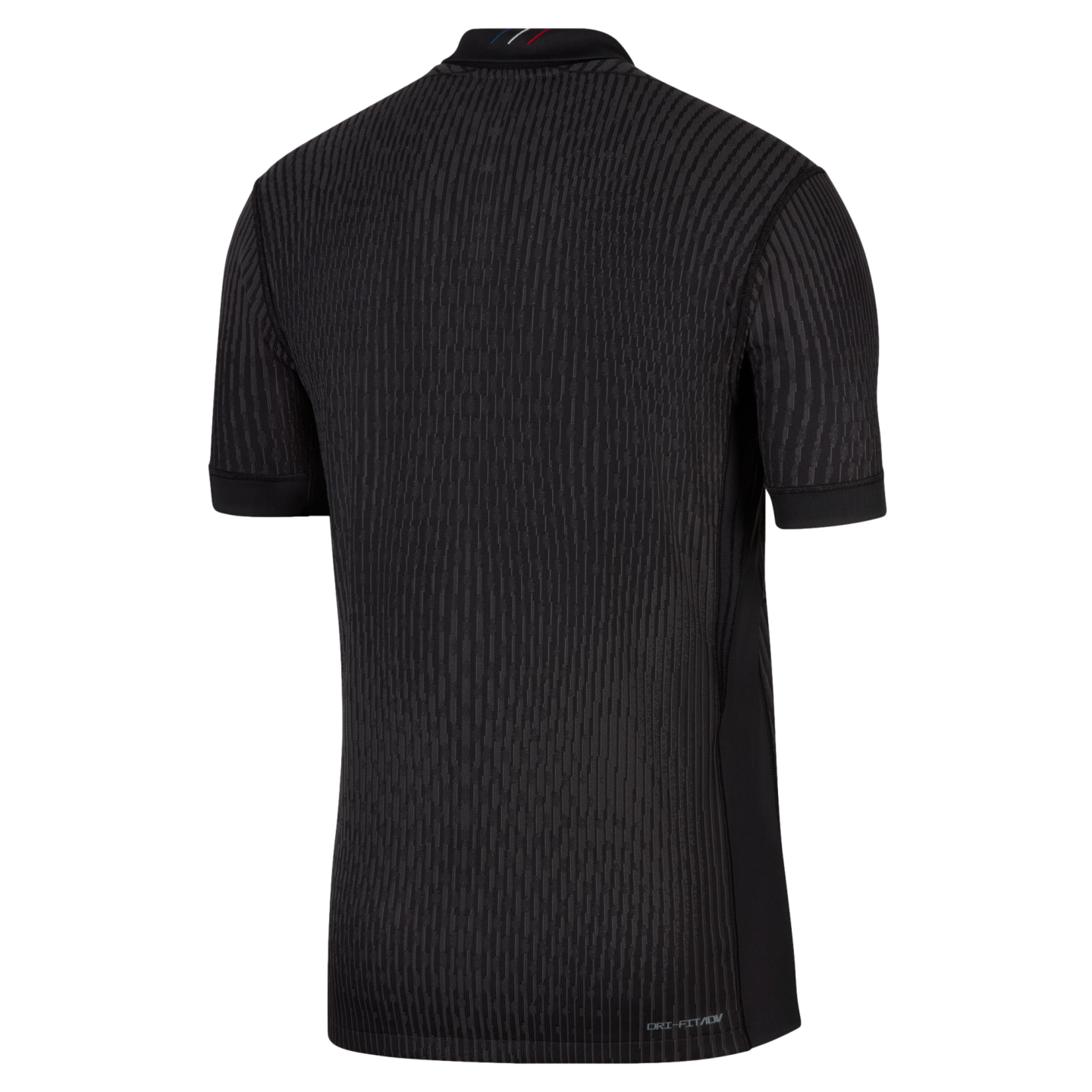 Back view of a black short-sleeved athletic jersey featuring vertical textured stripes and a tricolor detail on the collar. "DRI-FIT ADV" is printed on the bottom hem.