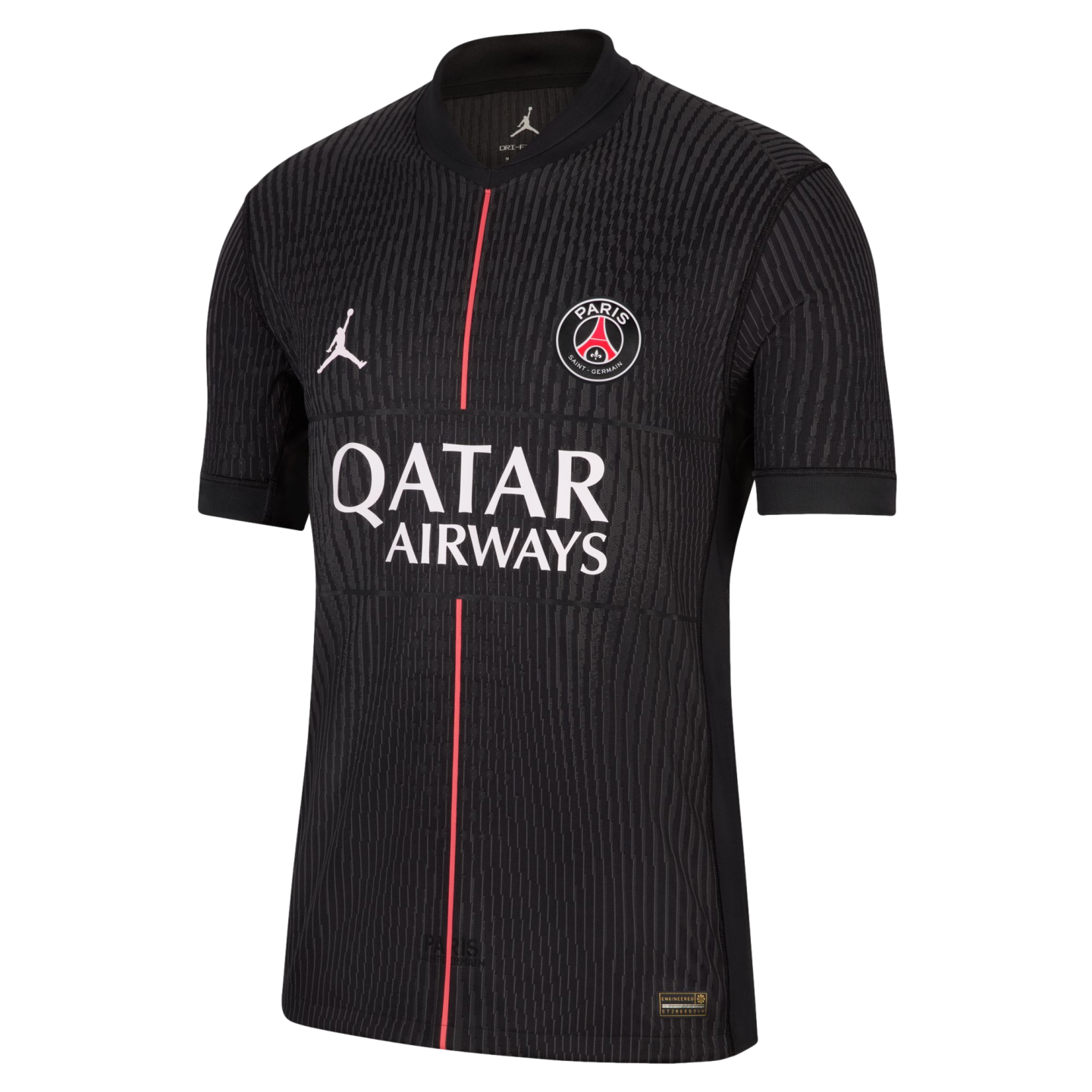 A black PSG Jordan soccer jersey with grey vertical pinstripes, a thin central red line, and the white "QATAR AIRWAYS" sponsor logo on the front.