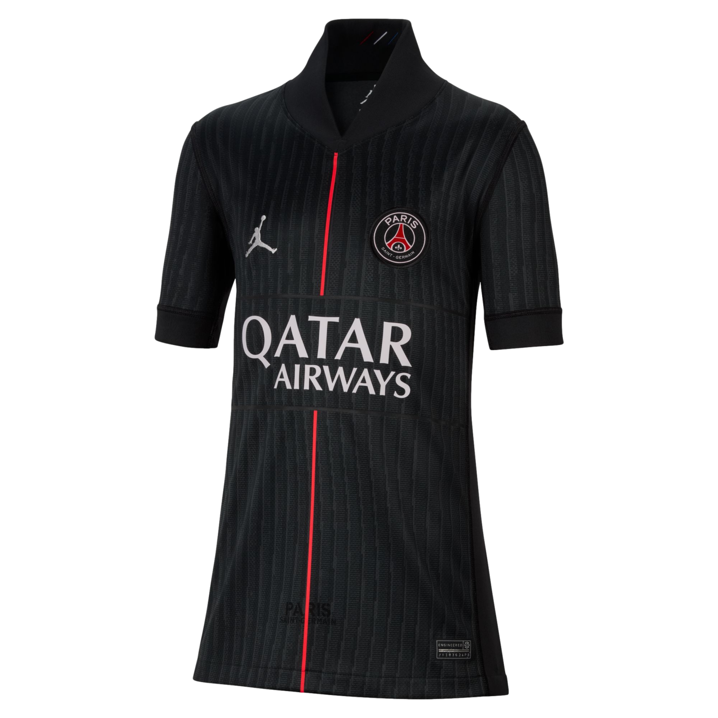 Black Paris Saint-Germain soccer jersey featuring a thin red vertical stripe, Jordan logo, club crest, and white Qatar Airways sponsor logo.