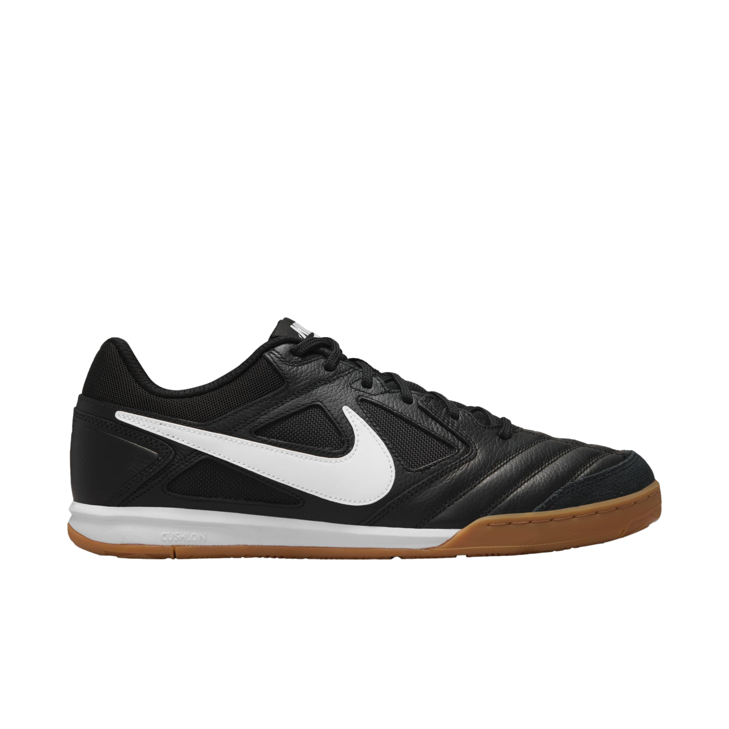 Side view of a black Nike indoor soccer shoe with a white swoosh, white midsole, and gum rubber outsole.