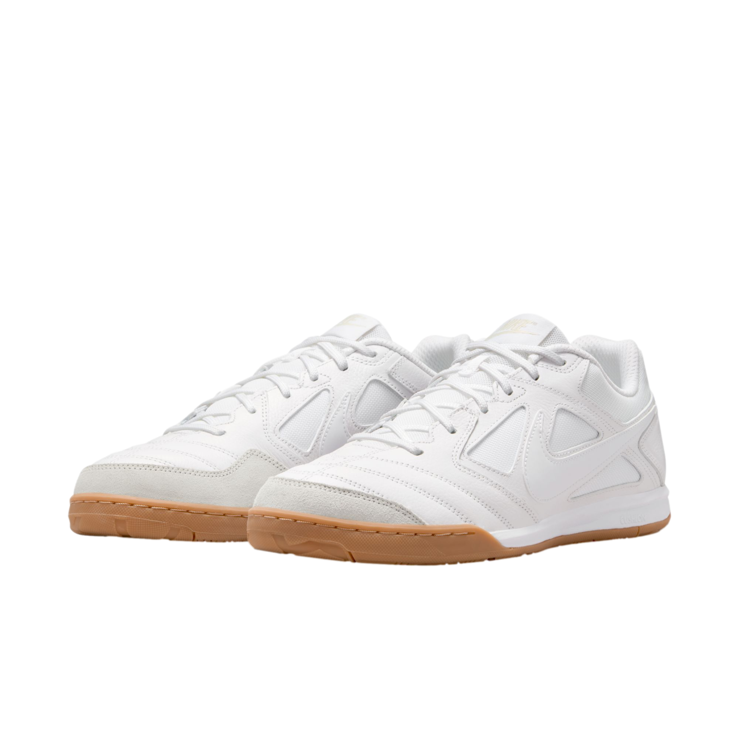 A pair of white Nike sneakers with tan gum soles and white laces, shown from a three-quarter angle against a solid black background.