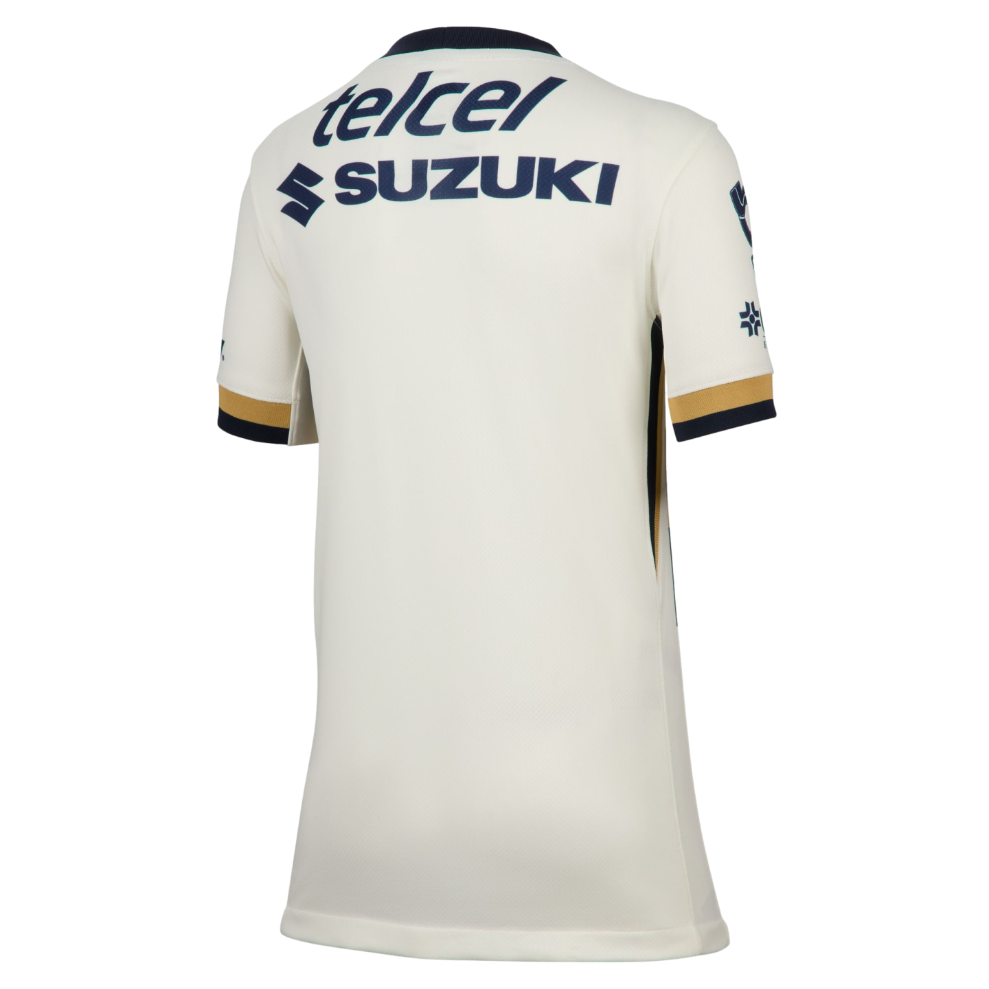 The back of a white short-sleeved soccer jersey with navy and gold sleeve trim and navy blue "telcel" and "SUZUKI" sponsor logos on the upper back.