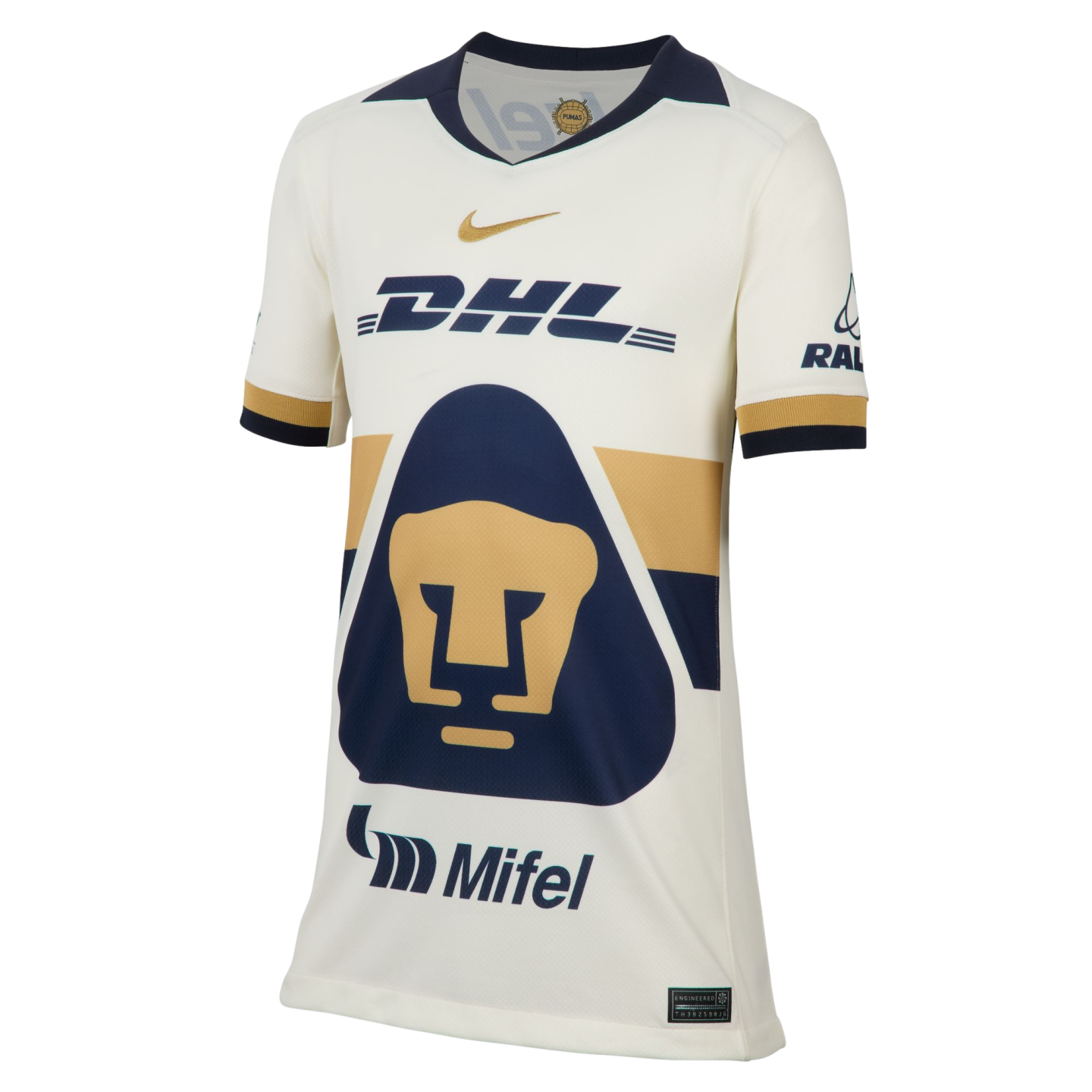 A white Nike Pumas UNAM soccer jersey featuring a large navy and gold puma logo, navy DHL and Mifel sponsor logos, and navy and gold accents on the collar and sleeves.