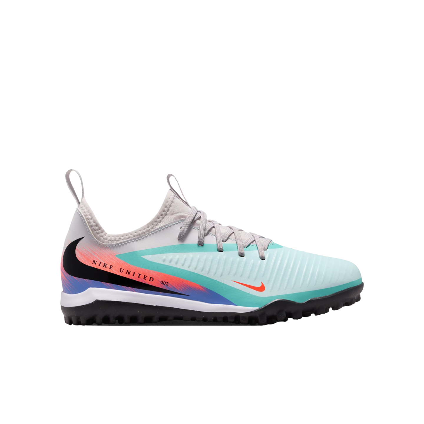Nike United soccer shoe in light blue with orange and purple accents, featuring a black turf sole, shown against a solid black background.