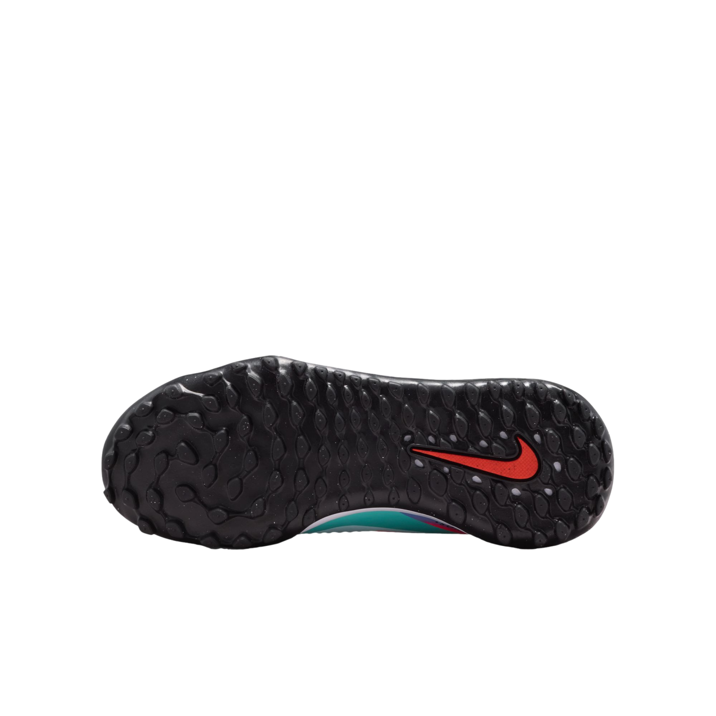 The black textured outsole of a Nike athletic shoe featuring a red Swoosh logo on the heel against a black background.