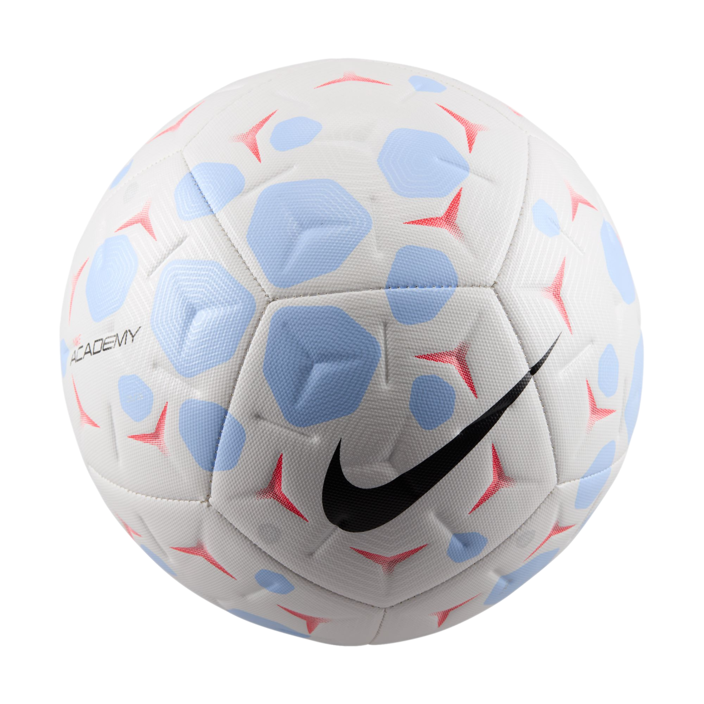 White Nike Academy soccer ball featuring light blue and red geometric patterns and a black Nike swoosh logo, isolated on a black background.
