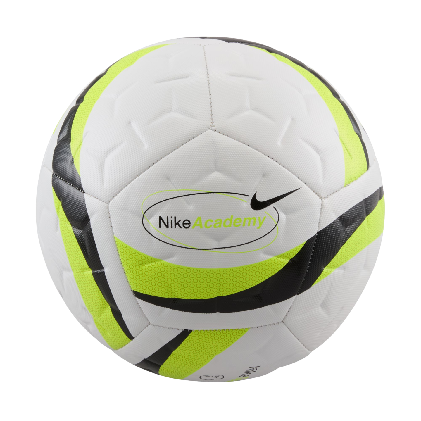 A Nike Academy soccer ball, white with neon yellow and black graphic details, centered on a black background.